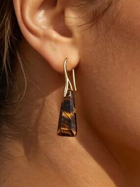 NWT Natural Tiger’s Eye Drop Earring Gold Plate Trapezoid Statement Stone Dangle